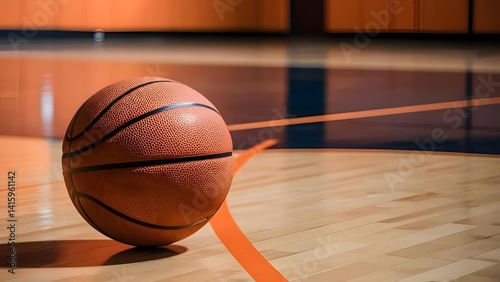 Basketball on Court with Orange Lines and Hardwood Floor
