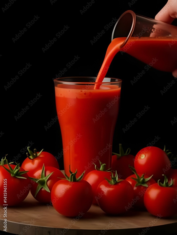 A vibrant red tomato smoothie being poured into a glass, with red tomatos in the foreground on a black background.