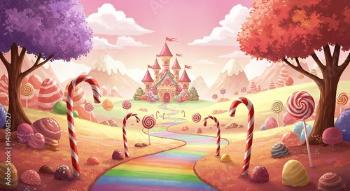 Whimsical Candyland with Gingerbread Houses and Pink Trees
