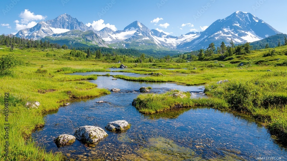 Fototapeta premium Majestic alpine meadow with crystal-clear streams flowing amidst lush greenery, snow-capped peaks in the background. Tranquil alpine landscape