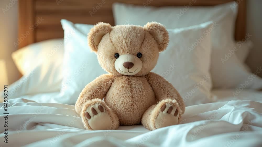 Lovely small teddy bear lying alone on a white bed. Lovely small teddy bear lying alone on a white bed.