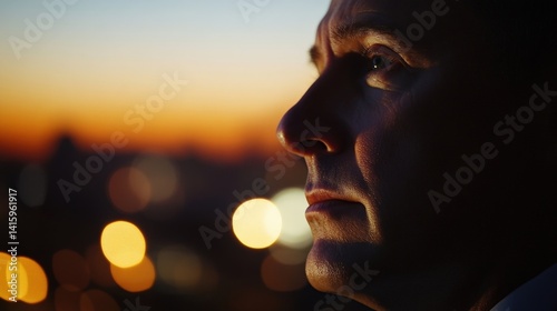 Thoughtful politician contemplating the vibrant cityscape at sunset, reflecting on urban development challenges and envisioning a hopeful future for the metropolis and its community