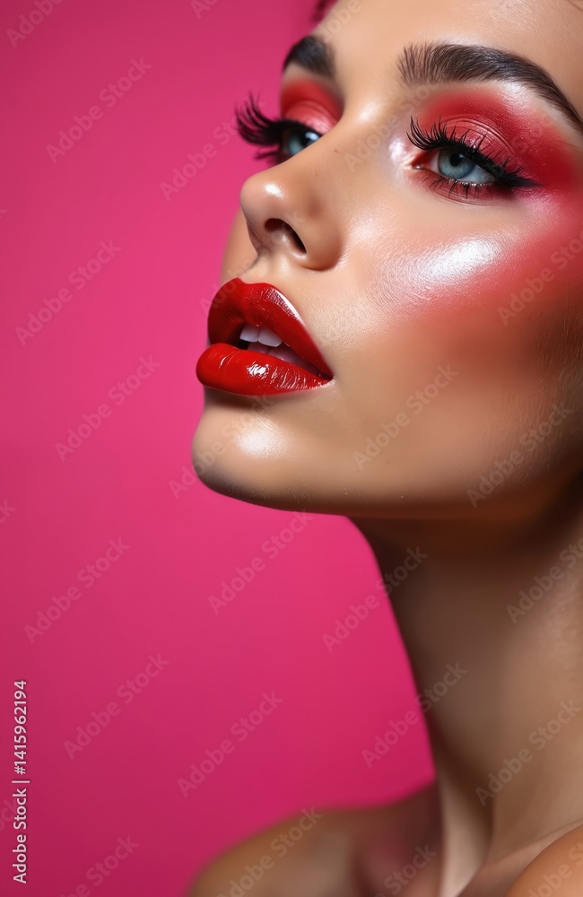 Close-up portrait of woman with bold red lip gloss makeup against vibrant pink backdrop. Flawless skin, bright red eyeshadow. Beauty, cosmetic product shot. Close-up portrait of woman with bold red lip gloss makeup against vibrant pink backdrop. Flawless skin, bright red eyeshadow. Beauty, cosmetic product shot.