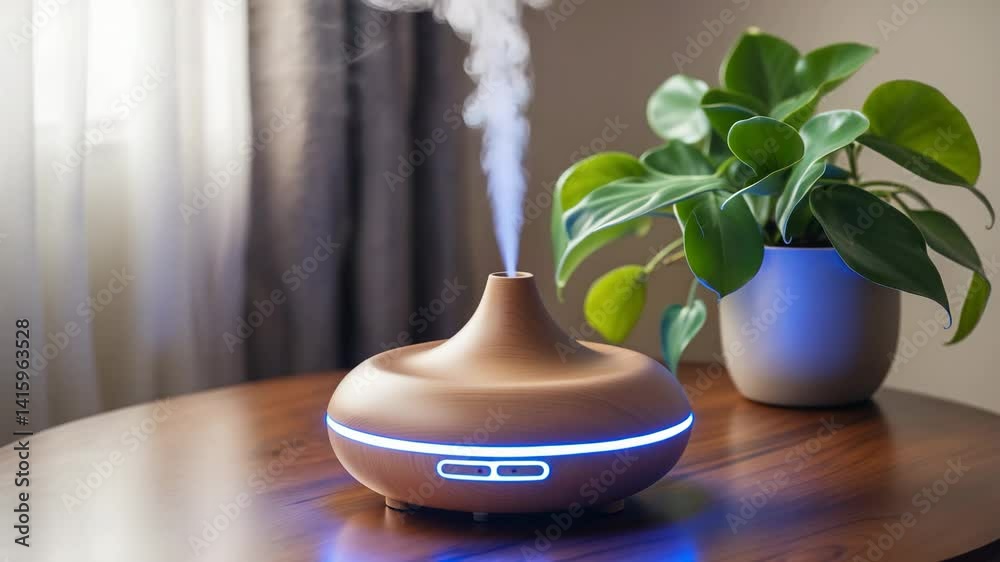 Detailed perspective of an aroma oil diffuser on a table, vapor emanating from the air humidifier, accompanied by a houseplant in the backdrop. Ultrasonic technology, improvement of air humidity, and Detailed perspective of an aroma oil diffuser on a table, vapor emanating from the air humidifier, accompanied by a houseplant in the backdrop. Ultrasonic technology, improvement of air humidity, and