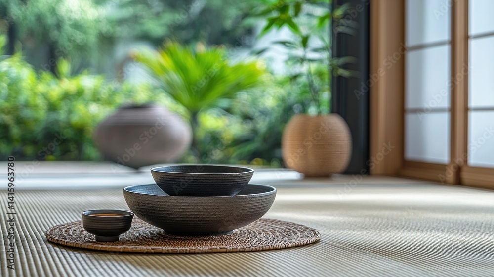 Modern Japanese Tableware Arrangement in Tranquil Natural Setting Modern Japanese Tableware Arrangement in Tranquil Natural Setting