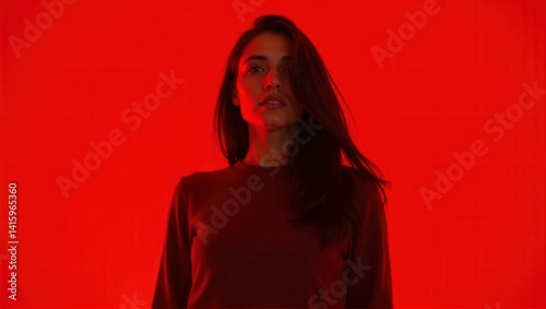 A woman with wavy hair, dressed in a jacket, looks upwards with a soft smile, framed against a bold red background, creating an intense and striking portrait. Generative, AI,