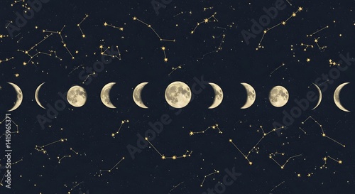 Artistic depiction of the moon's phases and constellations across a deep, dark, starry night.