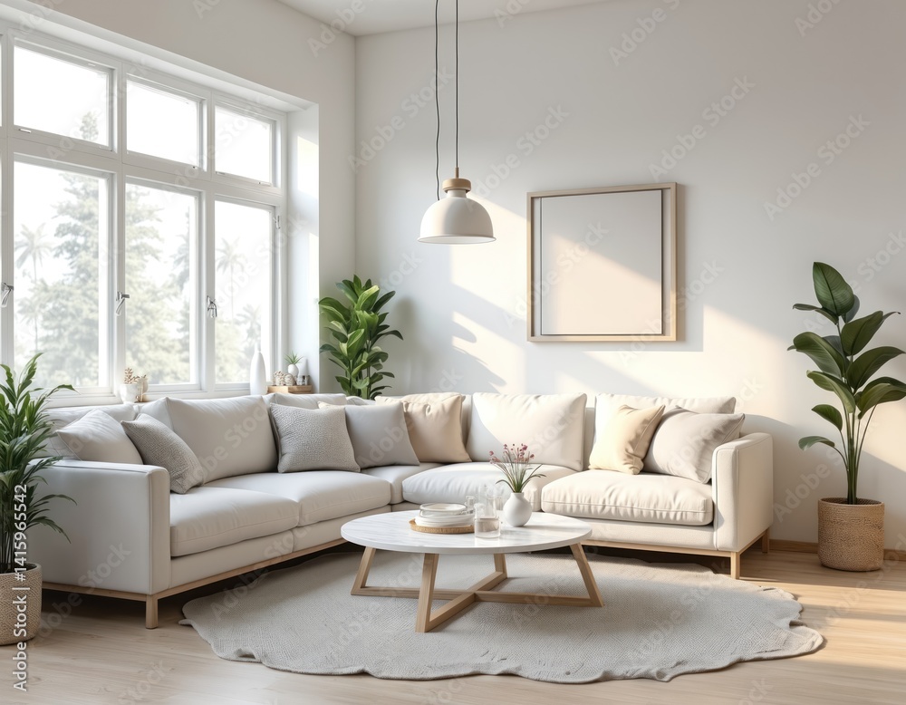 Fototapeta premium Modern living room interior design with minimalist furniture. White walls, sofa, wooden floor create cozy atmosphere. Home decor with plants, coffee table, natural sunlight from window. Scandinavian