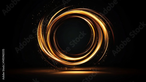 Obraz na płótnie Golden vortex swirls dramatically against a dark background with shimmering light particles, creating an abstract and mesmerizing effect. w salonie