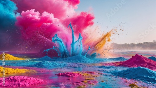 Happy Holi colorful background. Festival of colors, colorful rainbow Holi paint color powder explosion isolated white wide panorama background.