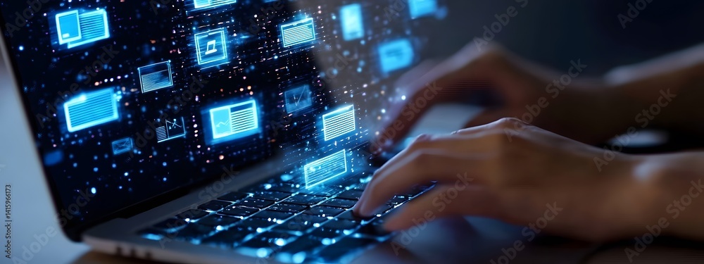 Woman typing on laptop, glowing electronic document files and digital signature,