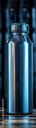 A metallic bottle with facets displayed in a studio setting