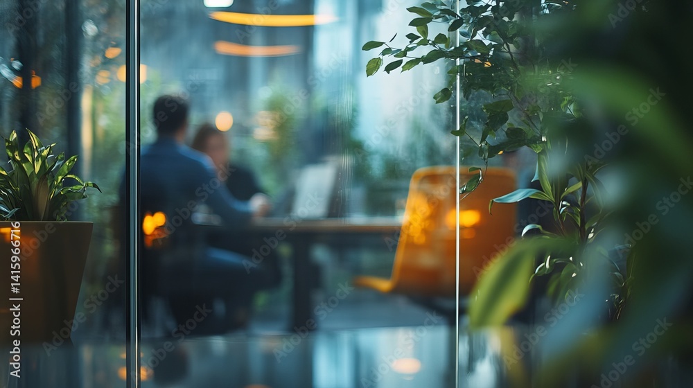 A slightly out-of-focus photo shows a small business team meeting in a modern office. Colleagues are seen through a glass wall, collaborating and discussing partnership.