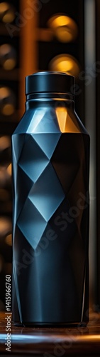 A striking black geometric water bottle stands on a wooden surface