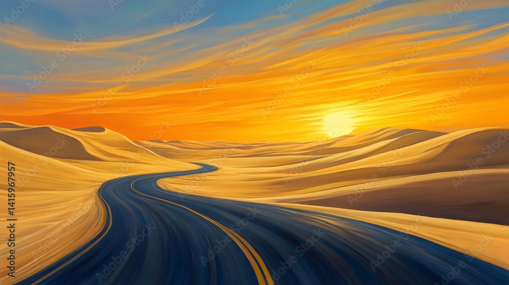 A winding asphalt road cuts through a vast expanse of golden sand dunes, the setting sun casting a warm glow on the horizon, promising a journey of discovery and adventure