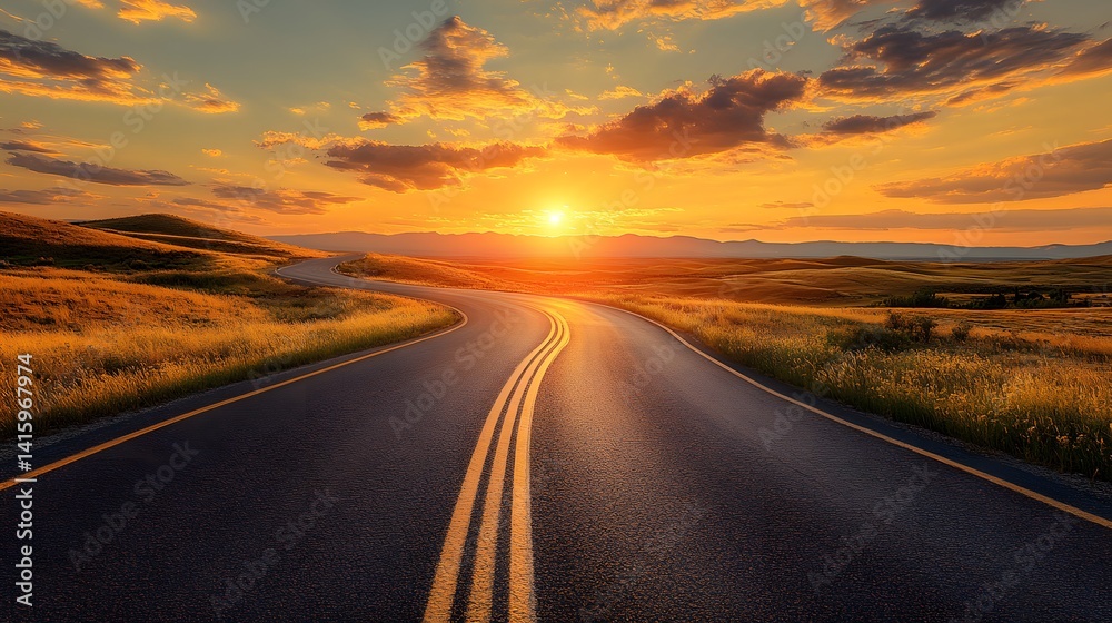 A winding asphalt road cuts through a vast expanse of golden sand dunes, the setting sun casting a warm glow on the horizon, promising a journey of discovery and adventure