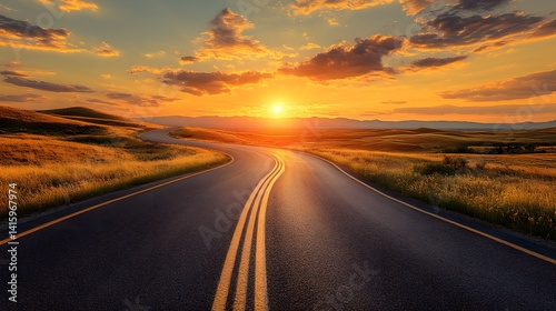 A winding asphalt road cuts through a vast expanse of golden sand dunes, the setting sun casting a warm glow on the horizon, promising a journey of discovery and adventure
