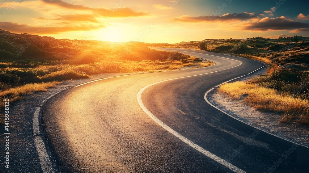 A winding asphalt road cuts through a vast expanse of golden sand dunes, the setting sun casting a warm glow on the horizon, promising a journey of discovery and adventure