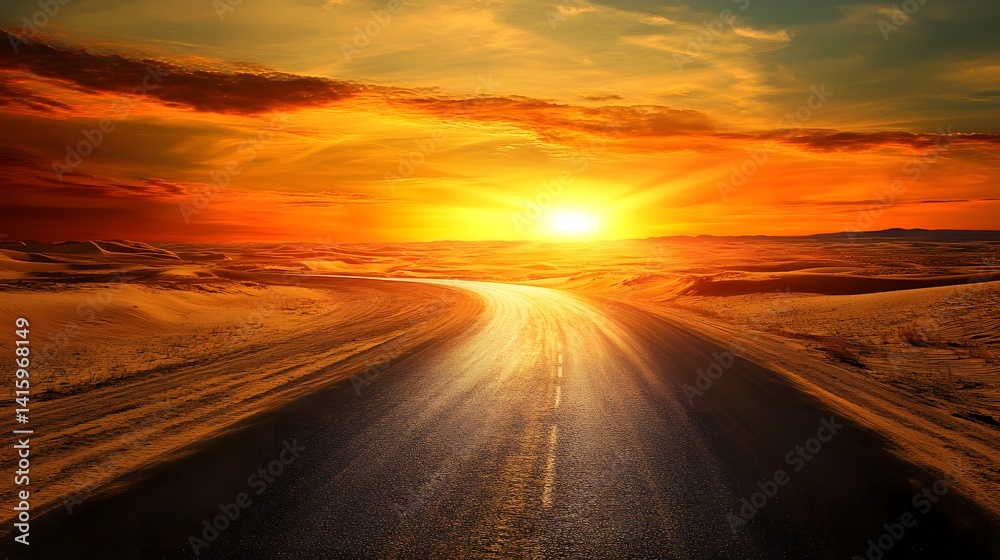 A winding asphalt road cuts through a vast expanse of golden sand dunes, the setting sun casting a warm glow on the horizon, promising a journey of discovery and adventure