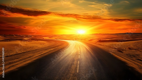 Obraz na płótnie A winding asphalt road cuts through a vast expanse of golden sand dunes, the setting sun casting a warm glow on the horizon, promising a journey of discovery and adventure
w salonie