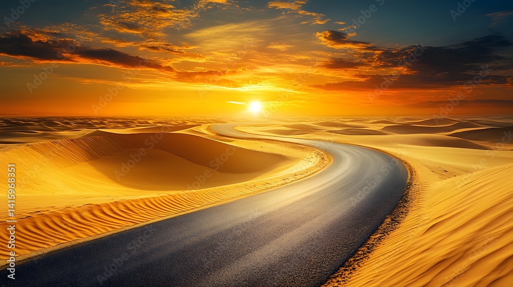 A winding asphalt road cuts through a vast expanse of golden sand dunes, the setting sun casting a warm glow on the horizon, promising a journey of discovery and adventure