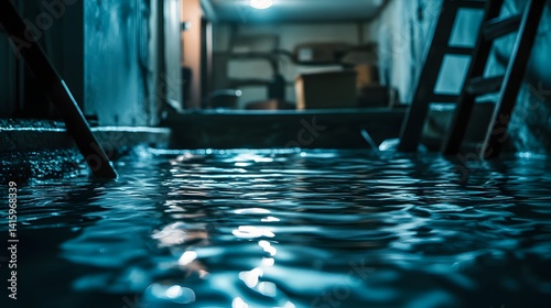 Water-filled basement interior with household items and ladder affected by flooding, highlighting property damage and disaster risk
