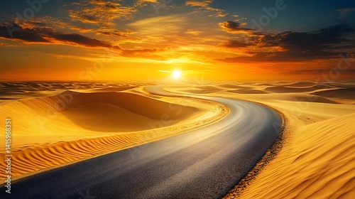 Obraz na płótnie A winding asphalt road cuts through a vast expanse of golden sand dunes, the setting sun casting a warm glow on the horizon, promising a journey of discovery and adventure
w salonie