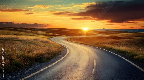 A winding asphalt road cuts through a vast expanse of golden sand dunes, the setting sun casting a warm glow on the horizon, promising a journey of discovery and adventure
