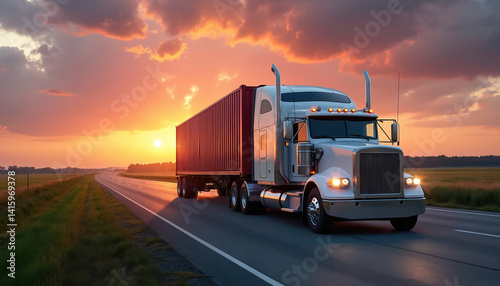 Big rig semi truck drives highway during sunset. Freight shipping, import-export concept. Transport logistic, delivering cargo container. Transportation of goods on long haul route.