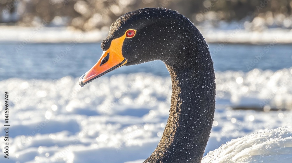 Fototapeta premium Black swan portrait, winter lake, snowy background, wildlife photography, nature