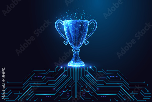 Digital achievement concept with glowing trophy cup and circuit board in low poly style on dark blue