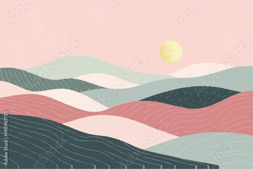 Pastel Hillscape with Full Moon at Sunset

