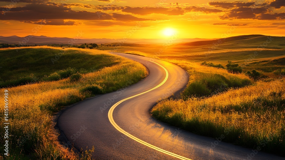A winding asphalt road cuts through a vast expanse of golden sand dunes, the setting sun casting a warm glow on the horizon, promising a journey of discovery and adventure
A winding asphalt road cuts through a vast expanse of golden sand dunes, the setting sun casting a warm glow on the horizon, promising a journey of discovery and adventure