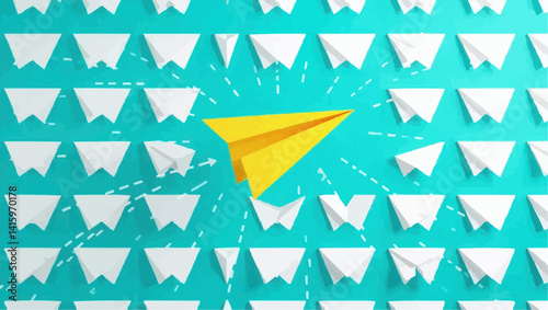Yellow Paper Airplane Soaring Above White Ones

