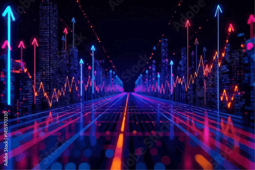 Neon Arrows Ascending on Network Grid

