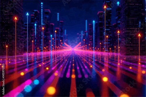 Neon Arrows Ascending on Network Grid

