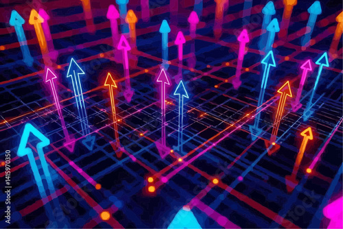 Neon Arrows Ascending on Network Grid

