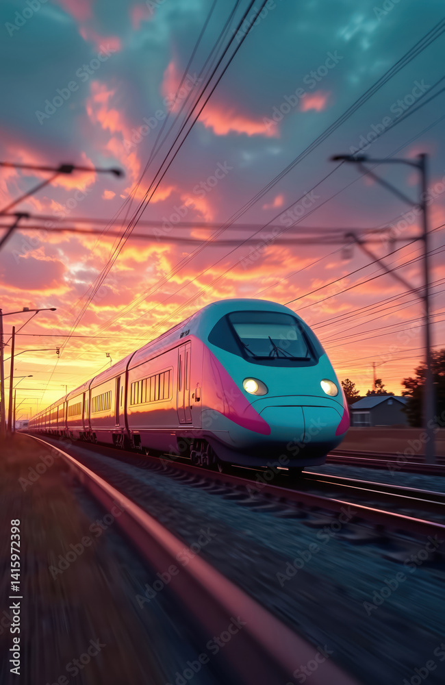 Fototapeta premium High speed train travels sunset. Electric bullet train vehicle moves fast. Passenger transport on railway track. Train blurred motion speed. Futuristic technology, China express transit.