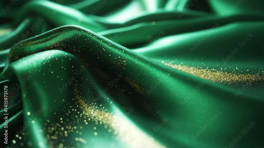Varied stains and spills of particles in green liquid featuring a distinct depth of field. Dust particles with a gently blurred background. An iridescent, shiny liquid backdrop.