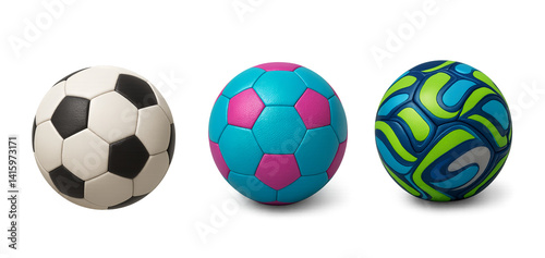 Collection of different soccer balls in classic and modern style isolated on white background