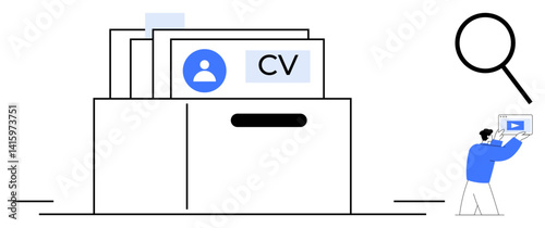 Filing system with CVs, magnifying glass, and a person reviewing options on a tablet. Ideal for recruitment, hiring, HR, career platform, workforce management, job portal simple landing page
