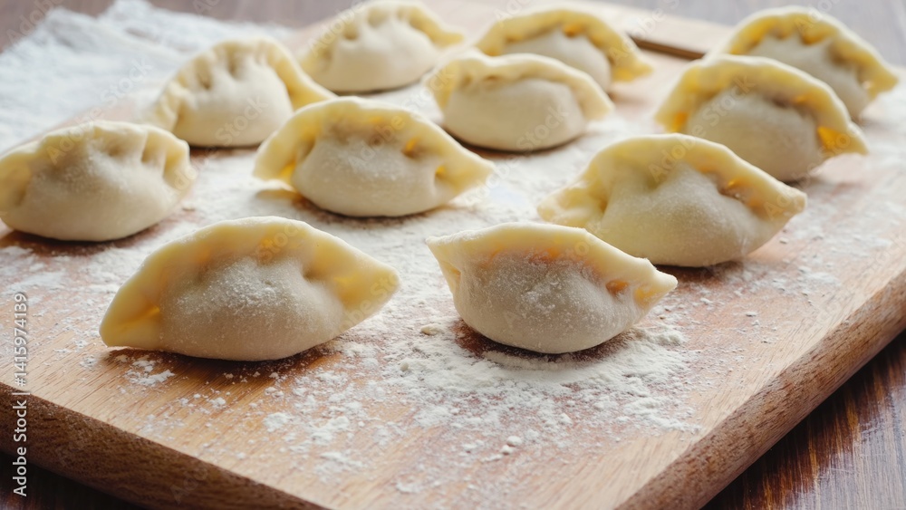 A wooden cutting board with a pile of dumplings on it. The dumplings are covered in flour and are sitting on top of the cutting board A wooden cutting board with a pile of dumplings on it. The dumplings are covered in flour and are sitting on top of the cutting board