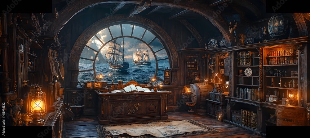 Obraz premium Interior of the Captain's Cabin, a Pirate Ship Generative AI,