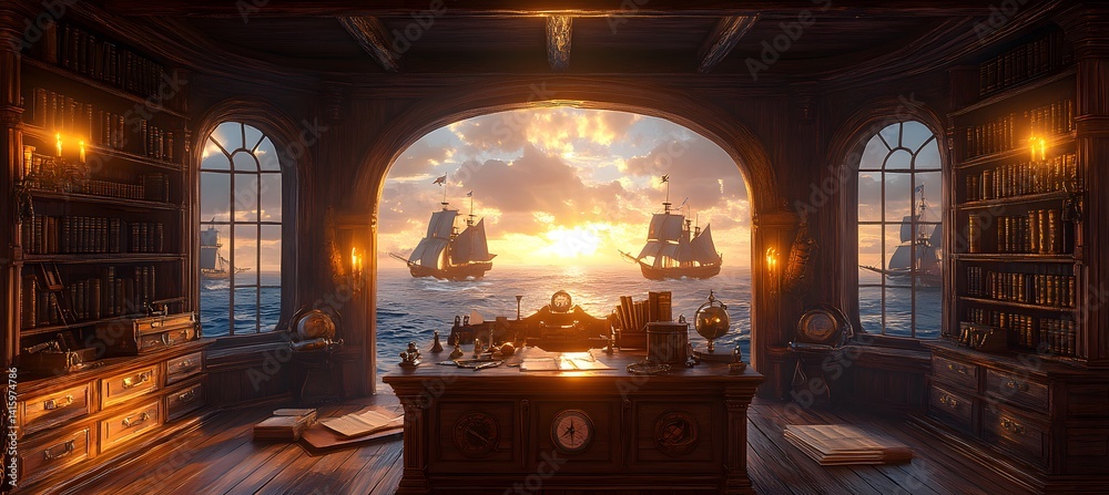 Obraz premium Stylized AI-generated pirate ship cabin interior, ideal for fantasy games, storytelling visuals, and historical adventure concepts 