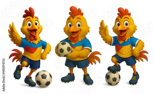 Cartoon chicken mascot playing soccer in uniform with classic ball on transparent background