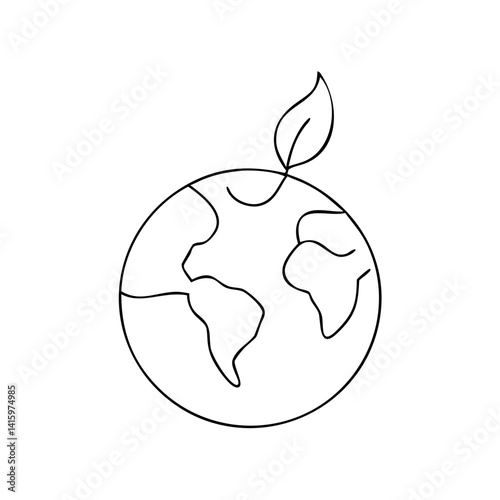 Single earth illustration with a leaf, minimalist style, black and white, ideal for ecology and environmental themes