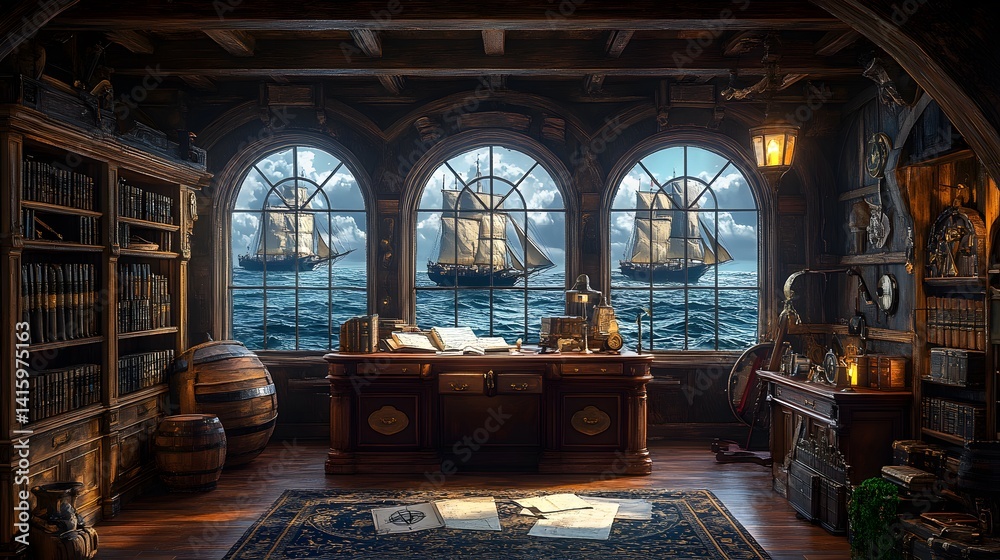 Obraz premium Stylized AI-generated pirate ship cabin interior, ideal for fantasy games, storytelling visuals, and historical adventure concepts 