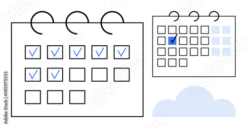 Two calendars with checkmark-marked days represent planning and task tracking. Light cloud hints at online tools. Ideal for productivity, scheduling, organization, time management, reminders, goal