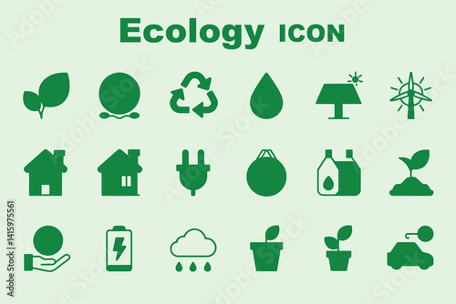 Ecology Icon Set in Green – Sustainability, Energy, and Environmental Symbols
