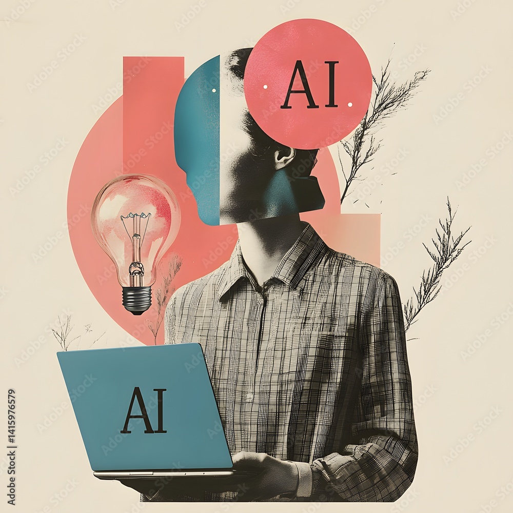 Modern AI art collage with lightbulb head figure holding laptop, representing artificial intelligence, digital innovation, and futuristic creativity